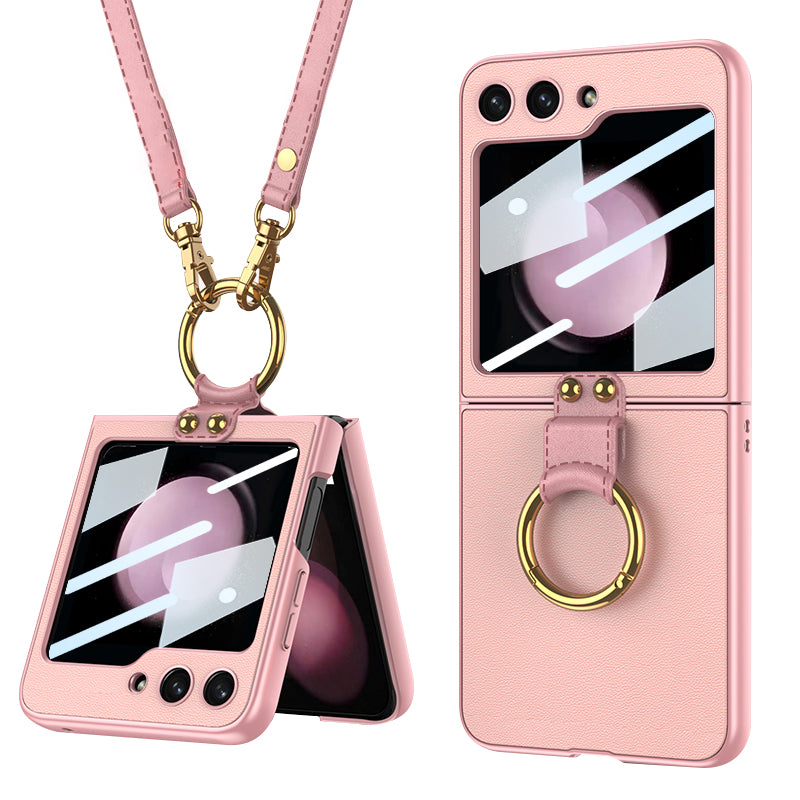 GKK For Samsung Galaxy Z Flip5 5G PU Leather Coated PC Slim Case Ring Kickstand Phone Cover with Small Screen Film and Shoulder Strap GKK For Samsung Galaxy Z Flip5 5G PU Leather Coated PC Slim Case Ring Kickstand Phone Cover with Small Screen Film and Shoulder Strap